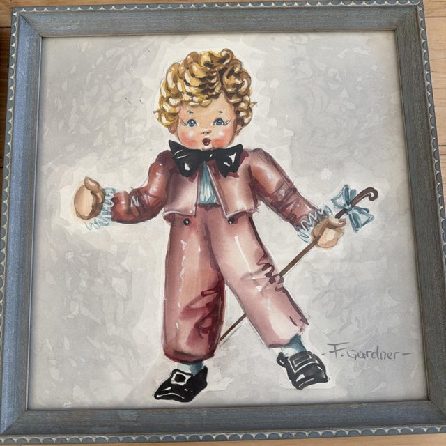 Offered here is a charming matched pair of original vintage watercolor paintings, each hand-signed "F. Gardener", dating...