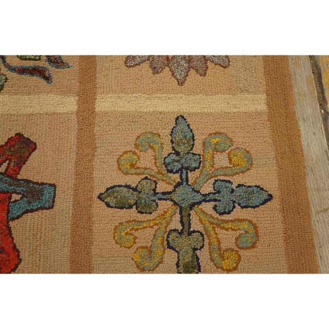 Textile 1960s Beige Vintage Geometric Initals Em 63 American Folk Art Hooked Wool Rug For Sale - Image 7 of 9