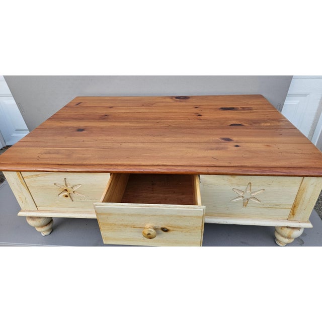 1990s Ethan Allen Knotty Pine Farmhouse Distress Country Coffee Table With Storage For Sale - Image 9 of 12