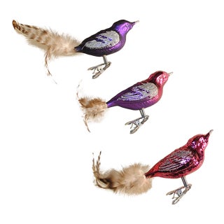 Set of Three Vintage Purple Mercury Glass Mica Clip on Bird Ornaments For Sale