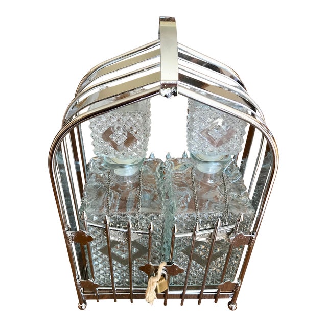 Mid-Century Modern Barware Chrome Caddy With Pressed Glass Liquor Bottles Set- 3 Pieces For Sale