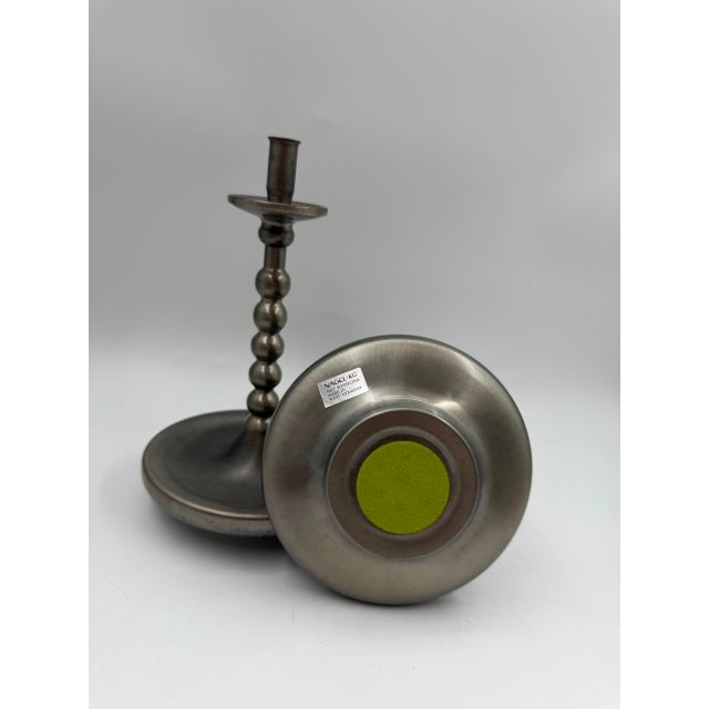 Mid-Century Brushed Chrome Bobbin Candlestick Holders Set Taper by Stoff Nagel, 1950s, Set of 2 For Sale - Image 12 of 15