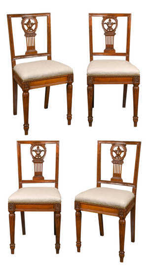 Set of Four Italian 1820s Neoclassical Dining Room Chairs with Carved Splats