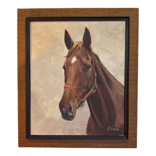 Oil Painting of Thoroughbred Race Horse Chestnut - 1960, by Snow Oil on Canvas Framed For Sale