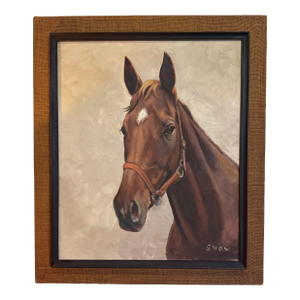Oil Painting of Thoroughbred Race Horse Chestnut - 1960, by Snow Oil on Canvas Framed