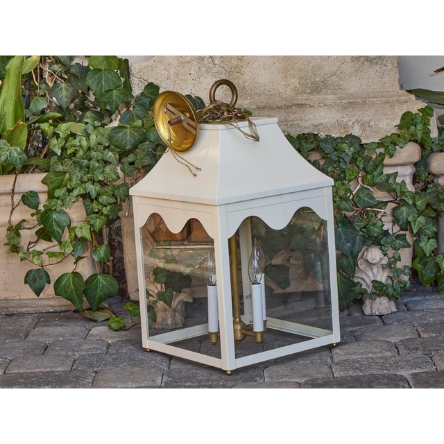 Mid-Century Modern Mid 20th Century White Painted Metal Lantern with Glass Panels and Pagoda Top, USA Wired For Sale - Image 3 of 8