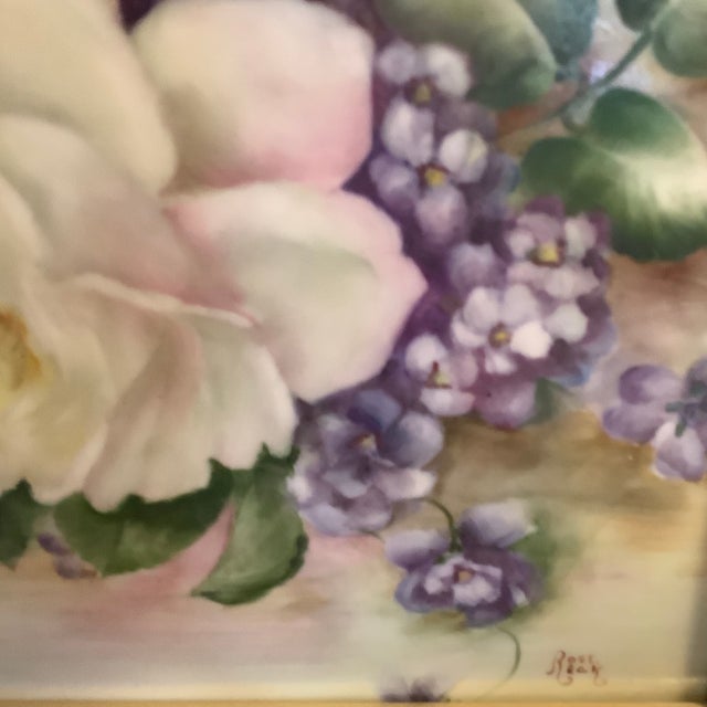 Lavender Hand Painted Porcelain Plaque Features White Cabbage Roses & Lavenders by Rose Reck For Sale - Image 8 of 13