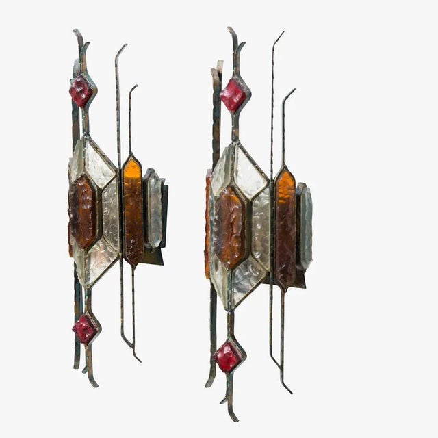 Hammered Glass on Wrought Wall Lights from Longobard, 1970s, Set of 2 For Sale - Image 4 of 6