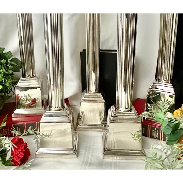 Late 20th Century Vintage Candle Holders Silver Metal Pillar Candlesticks - Set of 5 For Sale - Image 5 of 9