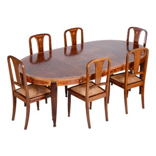 Art Deco Dining Set in Walnut and Mahogany by Paul Follot, France, 1920s, Set of 7 For Sale