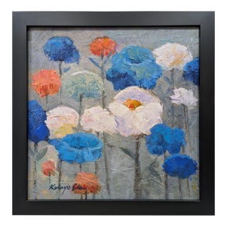 Original Framed Blue White Coral Colored Textured Flowers on Canvas For Sale