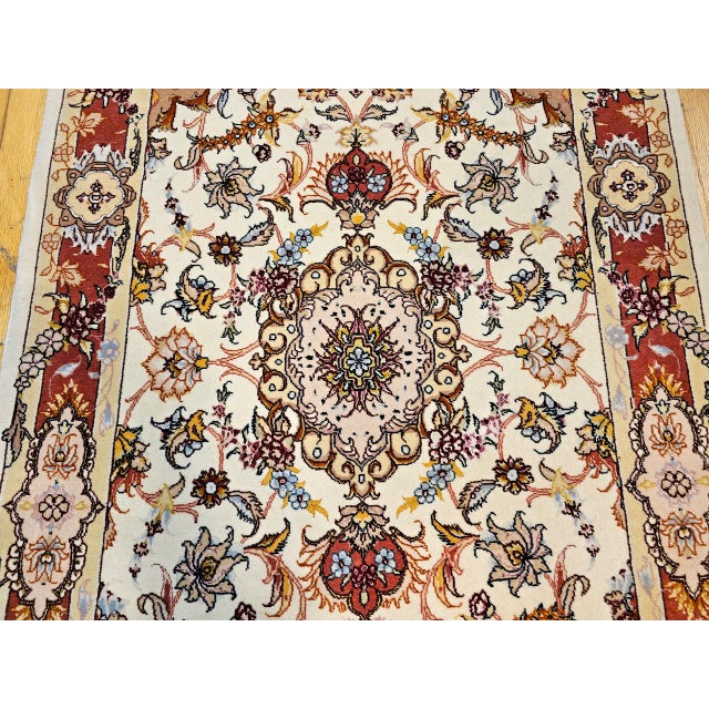 Vintage Tabriz Runner, Fine Hand-Knotted Wool & Silk, Floral Design, Ivory & Red, 3x11 For Sale - Image 11 of 16