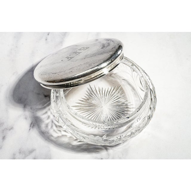 Stunning Large Antique Crystal Powder Jar Sterling Silver Lid Floral Cut Glass Edwardian Vanity Box For Sale - Image 11 of 16