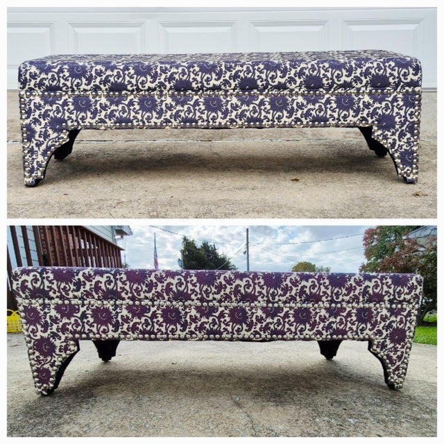 Wood Ralph Lauren Style Oversized (5' Long) Blue & White Floral Upholstered Ottoman Bench For Sale - Image 7 of 9