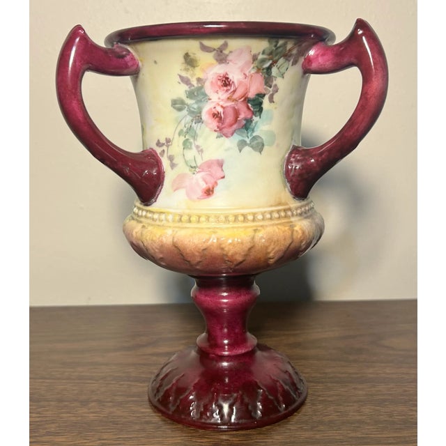 1889-1906 American Ceramic Art Studio Belleek Porcelain Hand Painted Rose Motifs Loving Cup Vase For Sale - Image 4 of 10