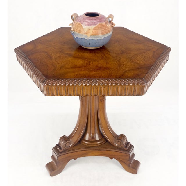Fine Hexagon Burl Wood Top Tripod Carved Scroll Base Rope Edge Center Table MINT For Sale - Image 12 of 17