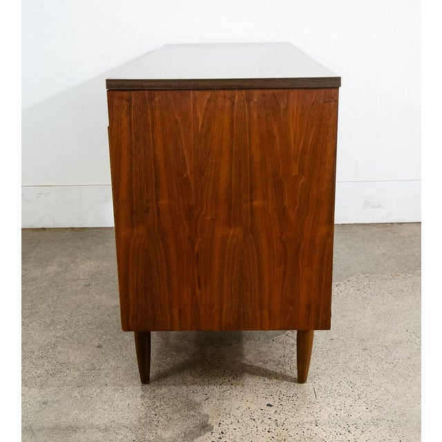 1960s Mid Century Modern Desk Walnut Executive Office 4 Drawer Vintage Brass Restored For Sale - Image 4 of 10