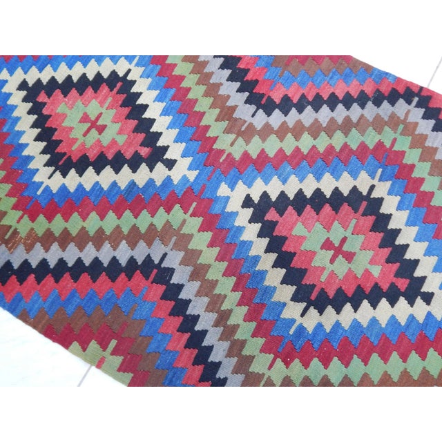 1960s Turkish Blue Wool Diamond Kilim Rug 2'11" X 4'2" For Sale - Image 4 of 11