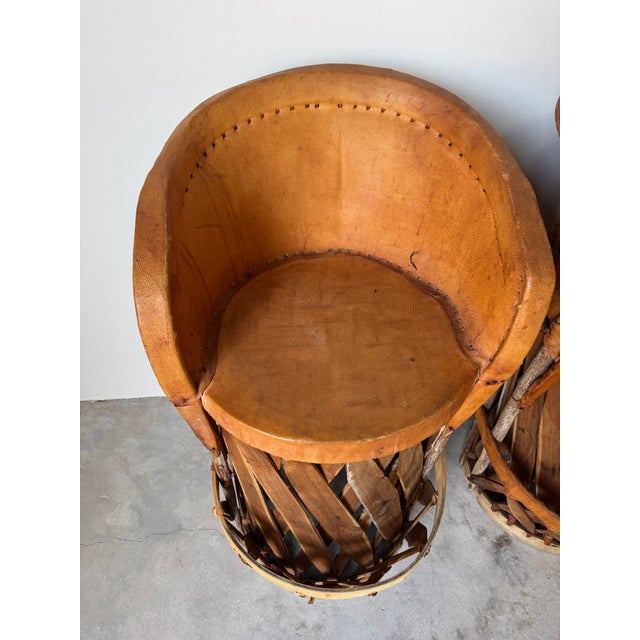 Brown Vintage Mexican Southwest Equipale Leather and Cedar Wood Bar Stools — Set of 3 For Sale - Image 8 of 12