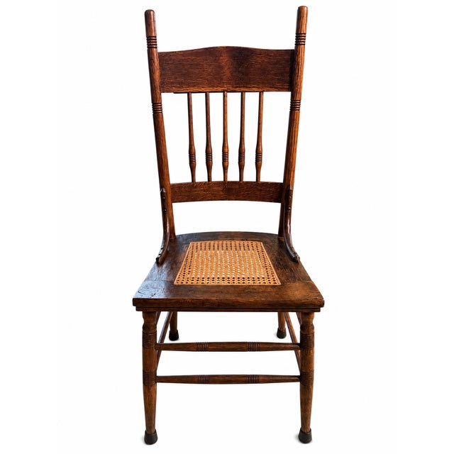 Coffee Antique Oak Pressed-Back Dining Chair With Cane Seat and Turned Spindles For Sale - Image 8 of 8