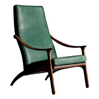 Highback Lounge Chair in Teak and Green Leather from Arne Hovmand-Olsen, 1960s For Sale