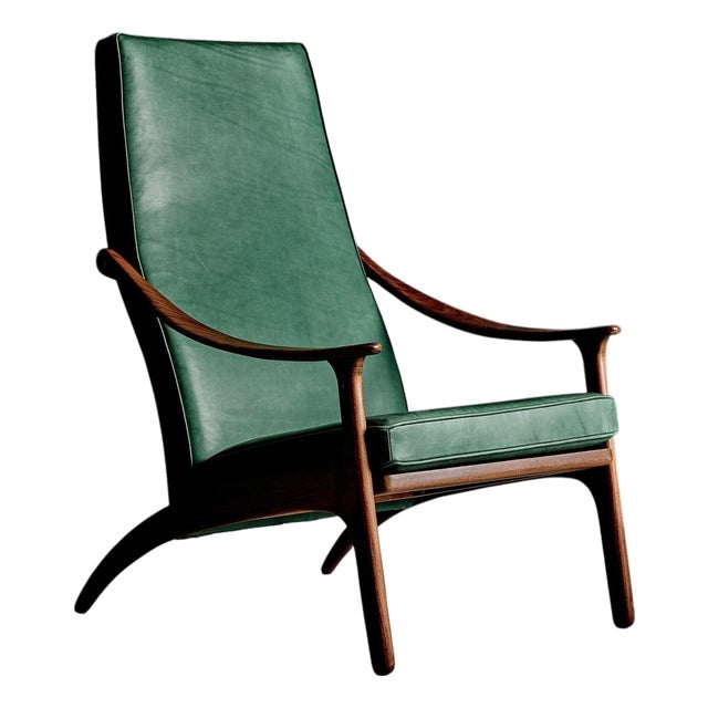 Highback Lounge Chair in Teak and Green Leather from Arne Hovmand-Olsen, 1960s For Sale