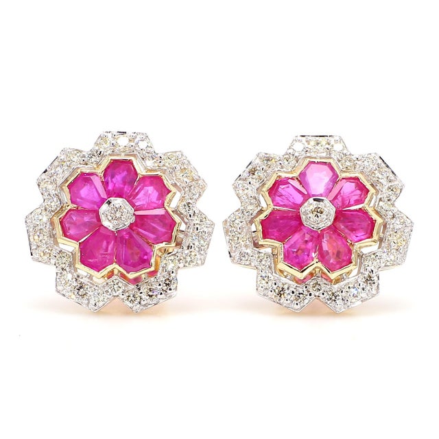 3.12 Carat Ruby and 1.15 Carat Diamond Geometric Flower 18k Gold Earring, A Pair For Sale - Image 9 of 15