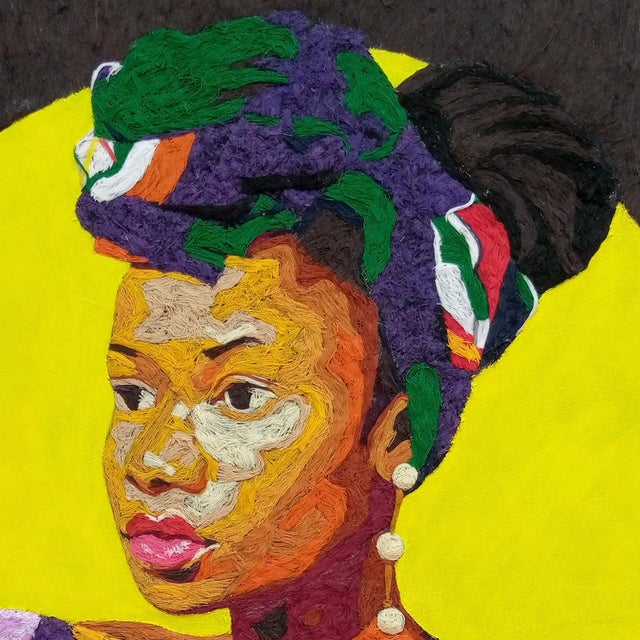Figurative Precious and Pressured by Grace Awe | Thread and acrylic on canvas Portrait of a woman in traditional attire For Sale - Image 3 of 5