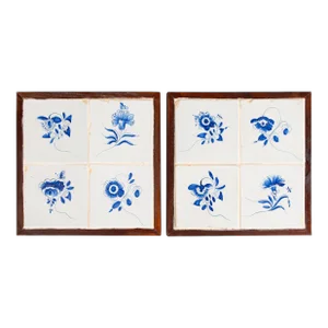Framed Set of 8 Antique 18th C. Dutch Delft Blue & White Floral Tiles Murals Plaques - a Pair