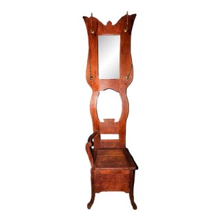 Antique Quarter-Sawn Oak Hall Tree With Mirror, Brass Hooks & Storage Bench For Sale