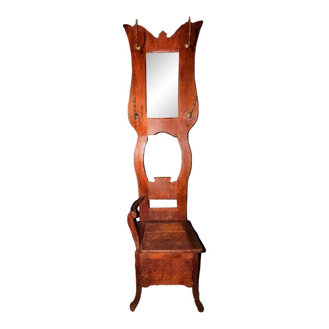 Antique Quarter-Sawn Oak Hall Tree With Mirror, Brass Hooks & Storage Bench For Sale