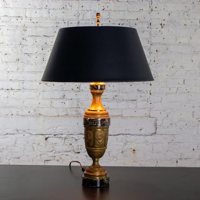 Neoclassical Early to Mid-20th Century Neoclassical Table Lamp Brass and Marble Urn Shaped Base Black Tapered Shade For Sale - Image 3 of 18