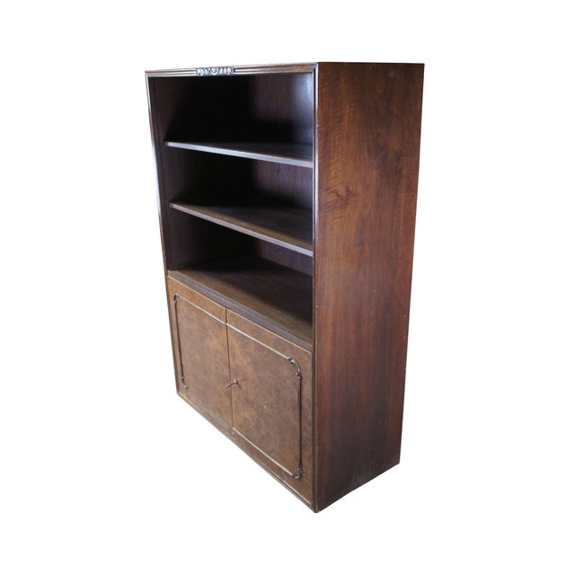 Mid-Century Modern 1940s Mid Century Walnut Burl Carved Library Bookcase Bookshelf Cabinet Drawers 58" For Sale - Image 3 of 14