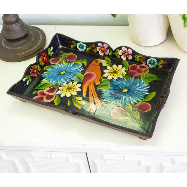 Black 1930s Hand Painted Mexican Folk Art Tray With Polychrome Flowers and Bird For Sale - Image 8 of 16