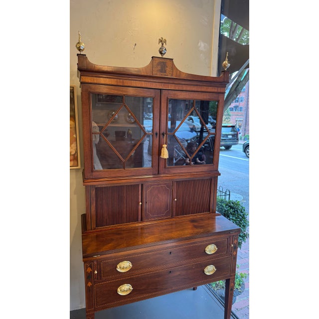 1940s Vintage American Sheraton Style Tambour Mahogany Secretary For Sale - Image 4 of 7