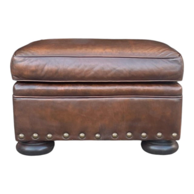 Distressed Tobacco Brown Leather Ottoman W/ Classic English Styling For Sale - Image 4 of 5