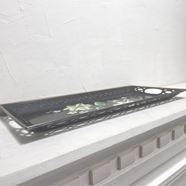 Metal Mid Century Toleware Floral Tray Bar Cart Sever Black Oblong For Sale - Image 7 of 15