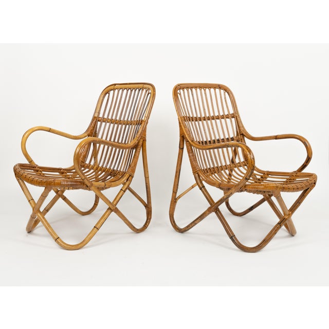 1960s Mid-Century Bamboo and Rattan Armchairs in the style of Tito Agnoli, Italy 1960s For Sale - Image 5 of 16