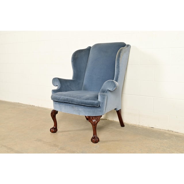 Kindel Furniture Kindel Furniture Chippendale Carved Mahogany Blue Velvet Upholstered Wingback Lounge Chair For Sale - Image 4 of 15
