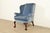 Kindel Furniture Kindel Furniture Chippendale Carved Mahogany Blue Velvet Upholstered Wingback Lounge Chair For Sale - Image 4 of 15