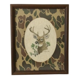 Vintage Original Cross-Stitch Deer Textile Art For Sale