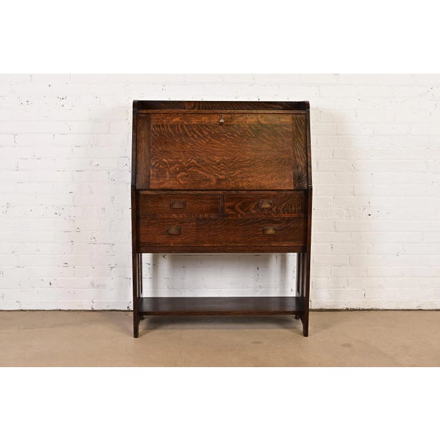 Mission Stickley Brothers Antique Mission Oak Arts & Crafts Drop Front Secretary Desk, Circa 1900 For Sale - Image 3 of 14