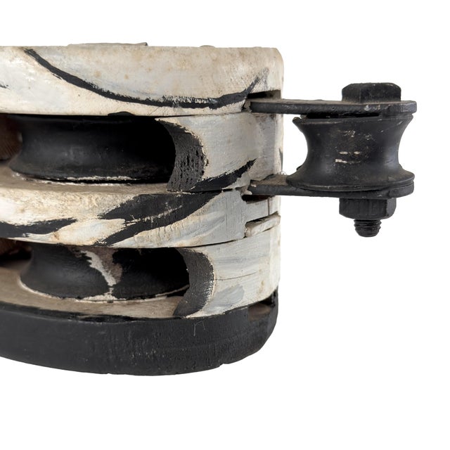 Vintage 1950s Folk Art Swan Painted Black & White Industrial Starline Wood Pulley For Sale - Image 10 of 11