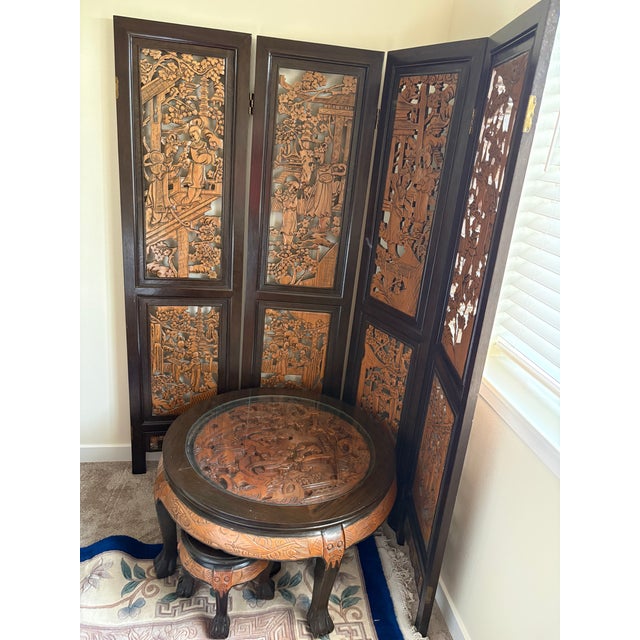 Presenting an exceptional, highly intricate 6-piece hand-carved Chinese export low "tea" or "opium" table set, complete...