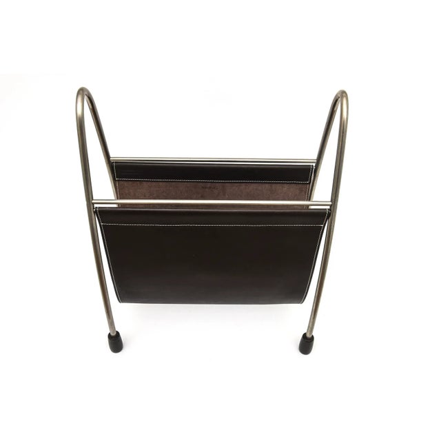 Modern Modern Swing Brown Stiched Leather, Stainless Steel and Rubber Feet Magazine Stand For Sale - Image 3 of 12