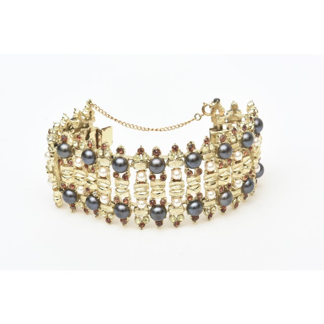 Mid-Century Modern Vintage Signed Francois Gold Plated Cuff Bracelet With Faux Pearls and Amber Rhinestones For Sale - Image 3 of 7