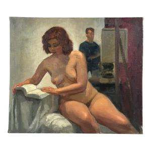 Vintage Realist Nude Portrait of Model and Artist, Oil on Canvas (C. 1965)