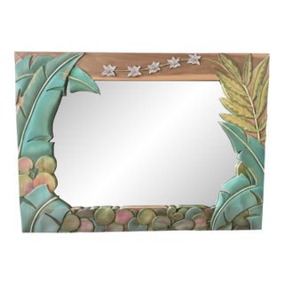 90s Oversized Boho Tropical Leaf Wall Mirror, Hand Carved, Signed Heffner & Vatalaro For Sale