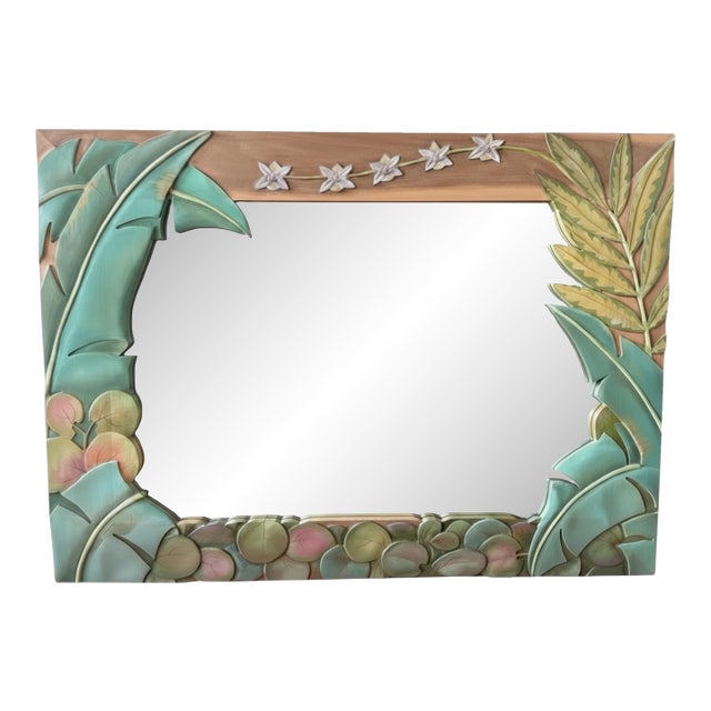 90s Oversized Boho Tropical Leaf Wall Mirror, Hand Carved, Signed Heffner & Vatalaro For Sale