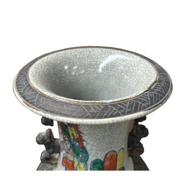 Orient Crackle Gray Warrior Graphic Artistic Pottery Ceramic Vase For Sale - Image 4 of 14